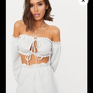 White Ruched Stripe Waist Floaty Shorts and Top